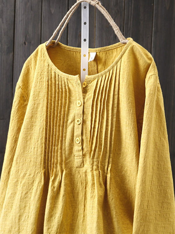 Dames Langsleeve Shirt Ronde Hals Geplooid Katoen Linnen 1