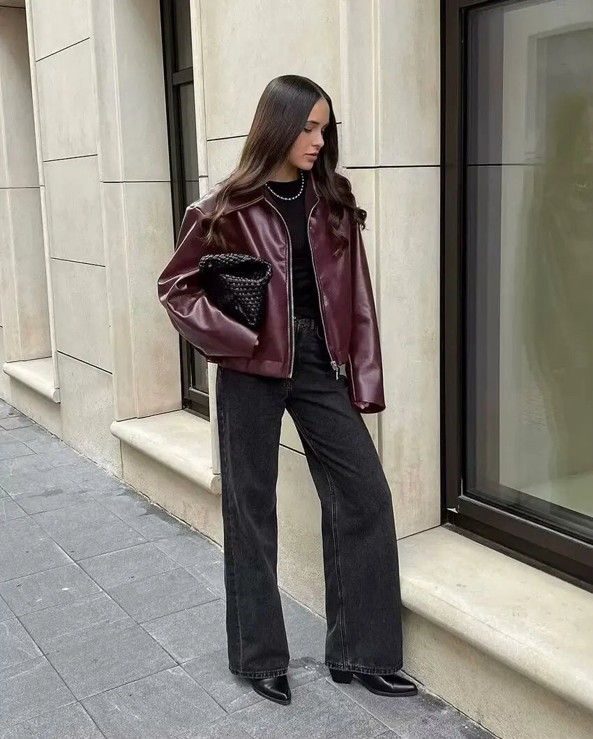 Dames Leren Jas met Rits en Klassieke Reverskraag voor Winter Streetwear 3