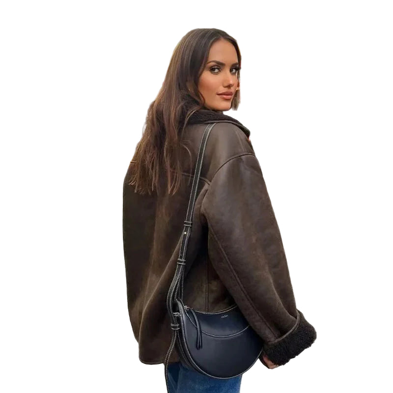 Dames Leren Winterjas met Pluche Voering en Brede Kraag 2