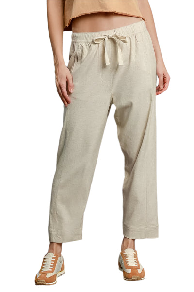 Dames Linnen Blend Broek met Elastische Taille en Touwsluiting 0