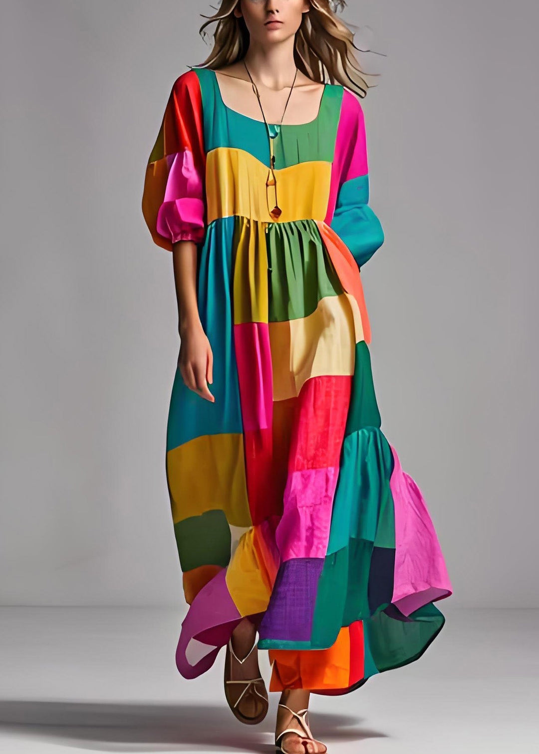 Dames Losse Jurk met Pofmouwen en U-hals 1