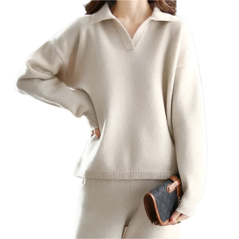 Dames Loungewear Set Katoenmix Relaxed Fit Met Omgeslagen Kraag 0