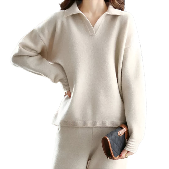 Dames Loungewear Set Katoenmix Relaxed Fit Met Omgeslagen Kraag 0