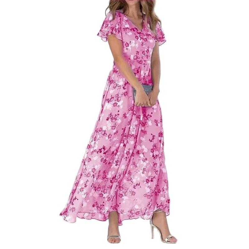 Dames Maxi Jurk Bloemenprint V-hals Korte Mouwen Lichtgewicht Zomerjurk 0