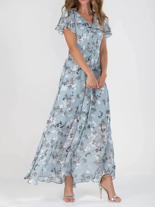 Dames Maxi Jurk Bloemenprint V-hals Korte Mouwen Lichtgewicht Zomerjurk 1