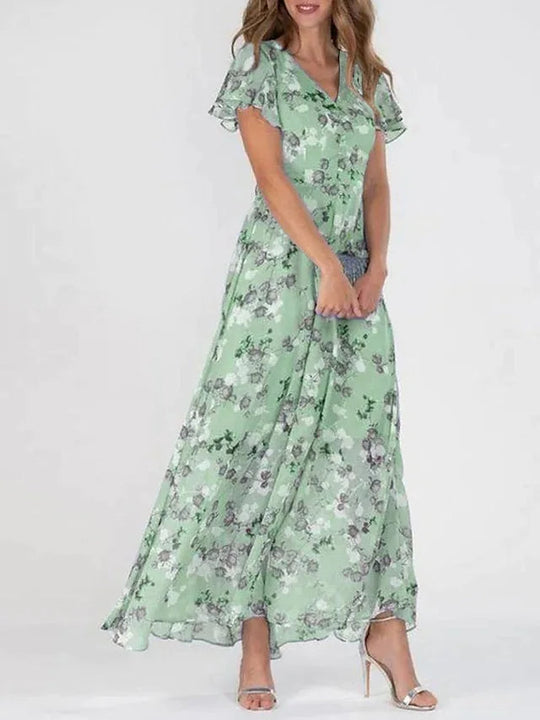 Dames Maxi Jurk Bloemenprint V-hals Korte Mouwen Lichtgewicht Zomerjurk 2