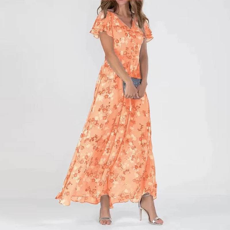 Dames Maxi Jurk Bloemenprint V-hals Korte Mouwen Lichtgewicht Zomerjurk 3