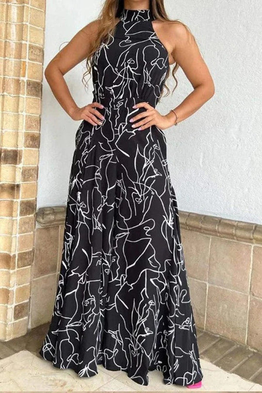 Dames Maxi Jurk Halter Nek Abstracte Print Ademend Voor Zomer 3
