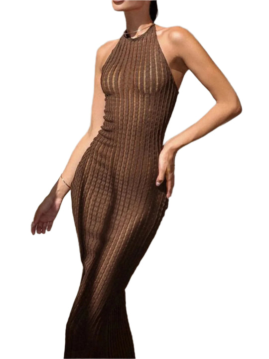 Dames Maxi Jurk Halter Nek Ribbelstof Aansluitend voor Zomer 0