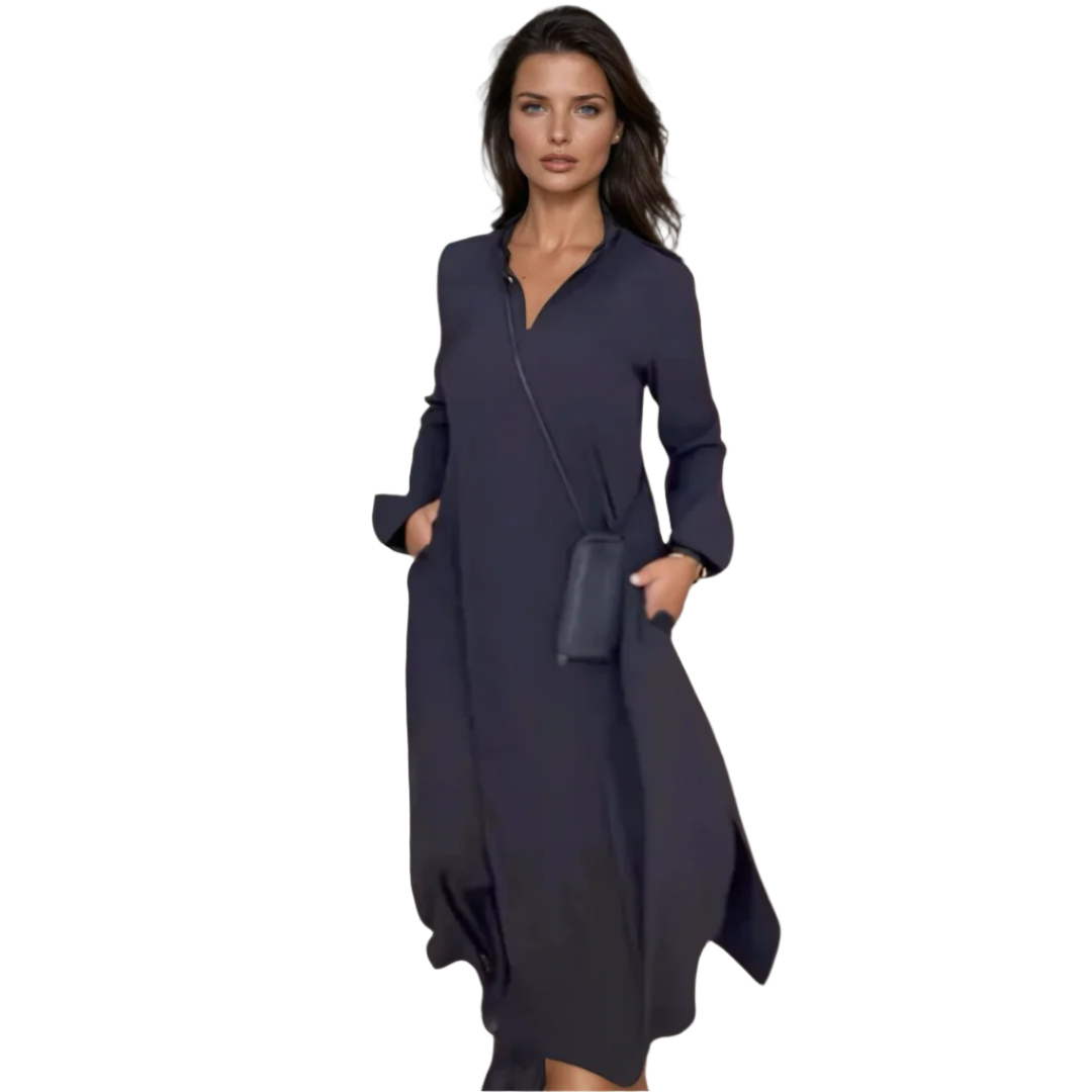 Dames Maxi Jurk Lange Mouwen Elegante V-hals Luxe Stof 0