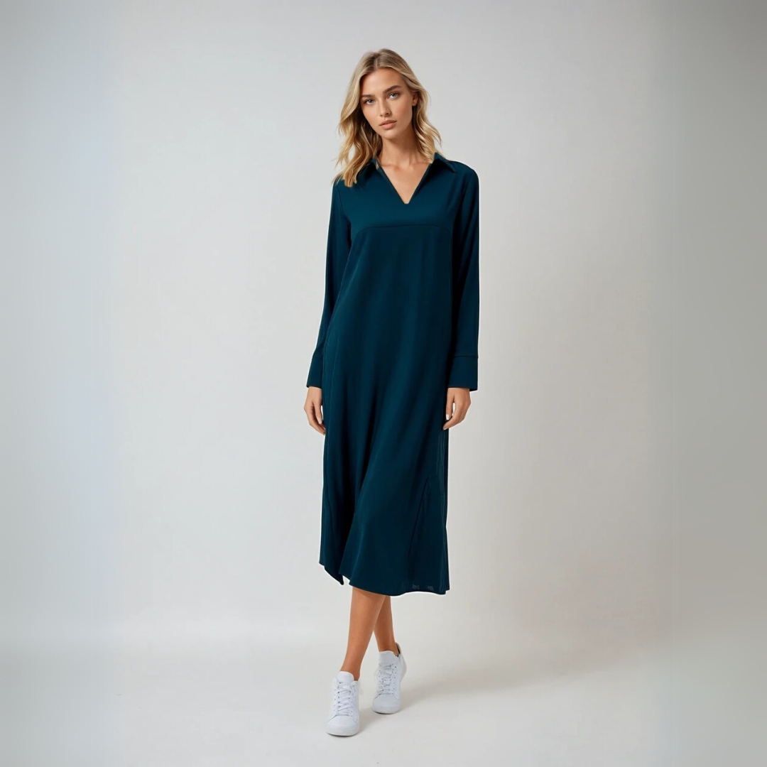 Dames Maxi Jurk Lange Mouwen Elegante V-hals Luxe Stof 1