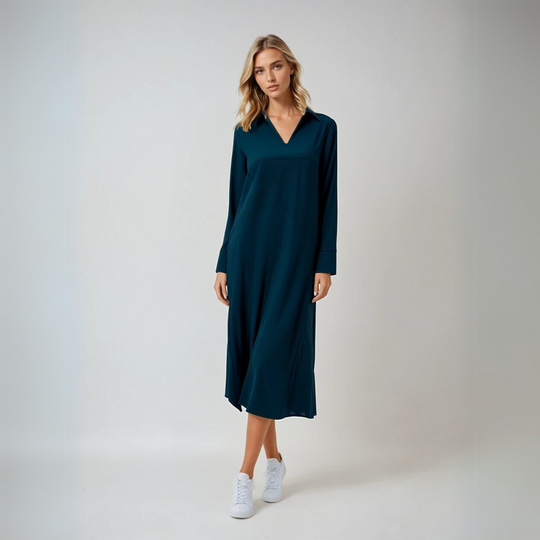 Dames Maxi Jurk Lange Mouwen Elegante V-hals Luxe Stof 1