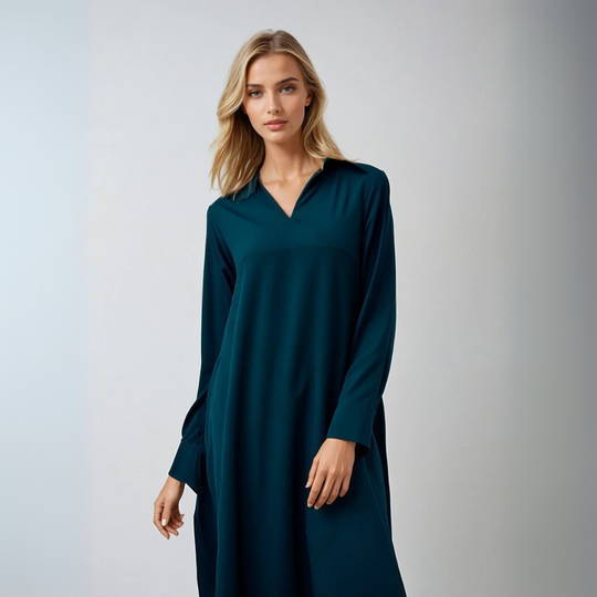 Dames Maxi Jurk Lange Mouwen Elegante V-hals Luxe Stof 2