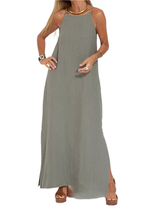 Dames Maxi Jurk Spaghetti Bandjes Katoen-Linnen met Split voor Zomer 0
