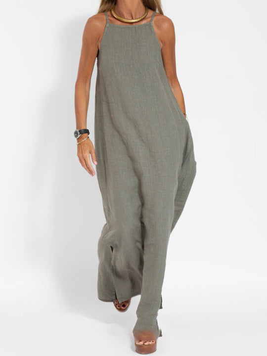 Dames Maxi Jurk Spaghetti Bandjes Katoen-Linnen met Split voor Zomer 1