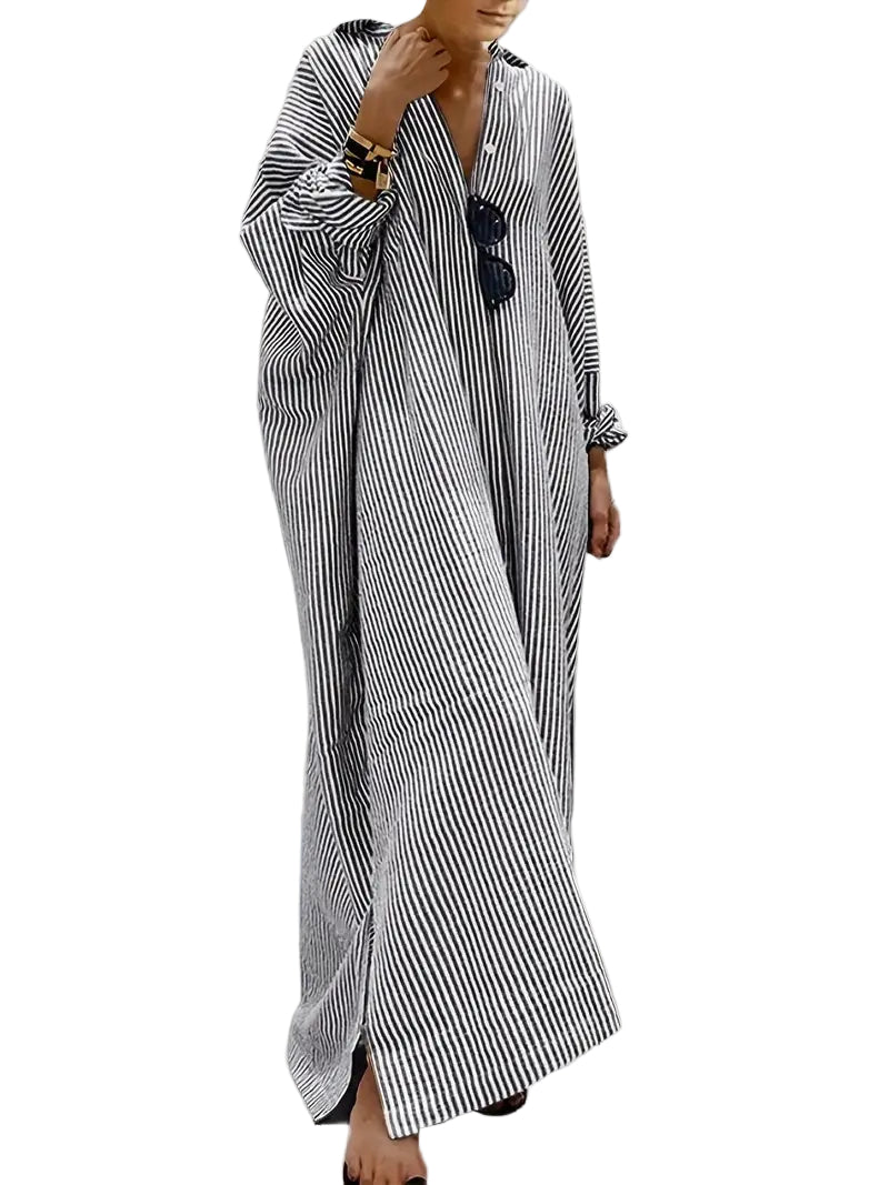 Dames Maxi Kleid Gestreept met Omlegekragen en Geknöpte Voorkant 0
