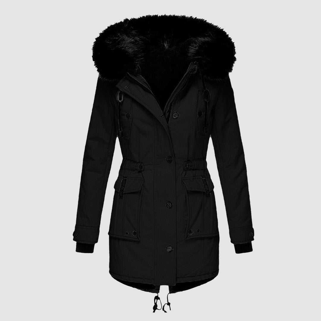 Dames Mid-Length Jas met Faux Fur Kap en Taillekoord 0