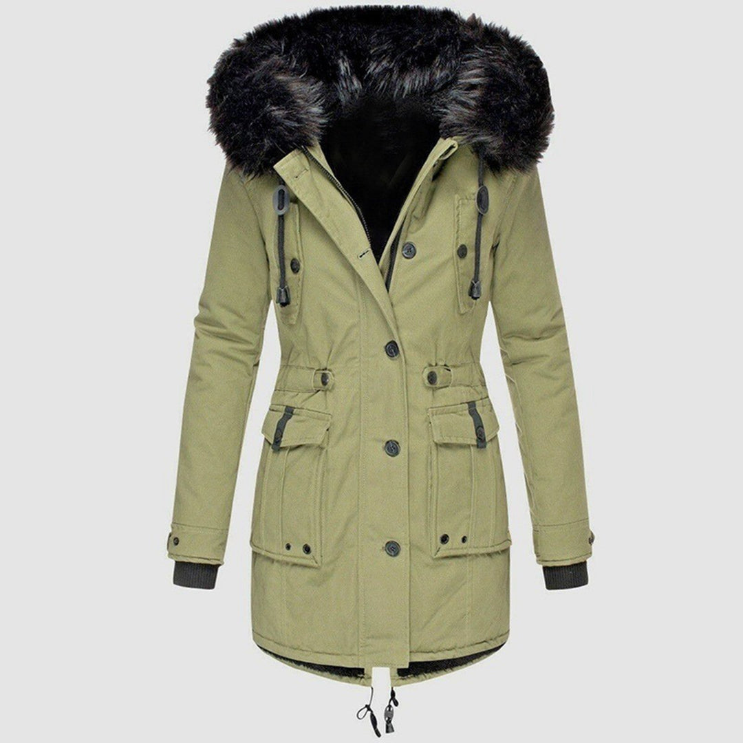 Dames Mid-Length Jas met Faux Fur Kap en Taillekoord 2