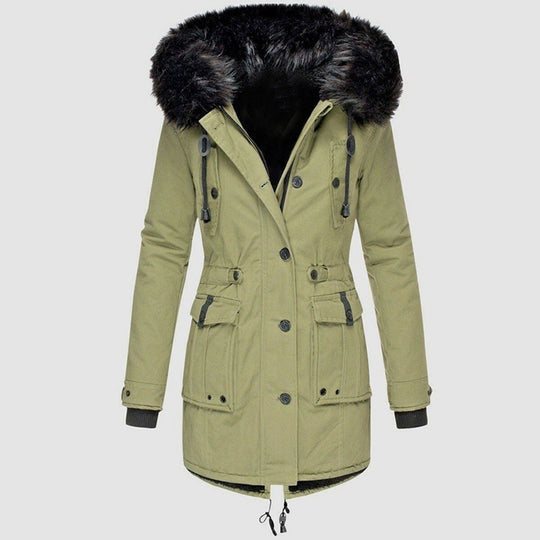 Dames Mid-Length Jas met Faux Fur Kap en Taillekoord 2