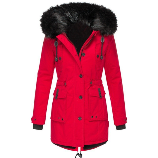 Dames Mid-Length Jas met Faux Fur Kap en Taillekoord 4