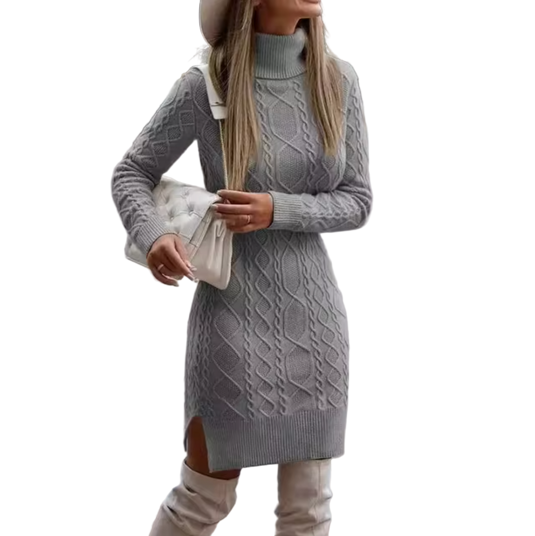 Dames Midi Jurk Gebreid Turtleneck met Kabelbreipatroon 0