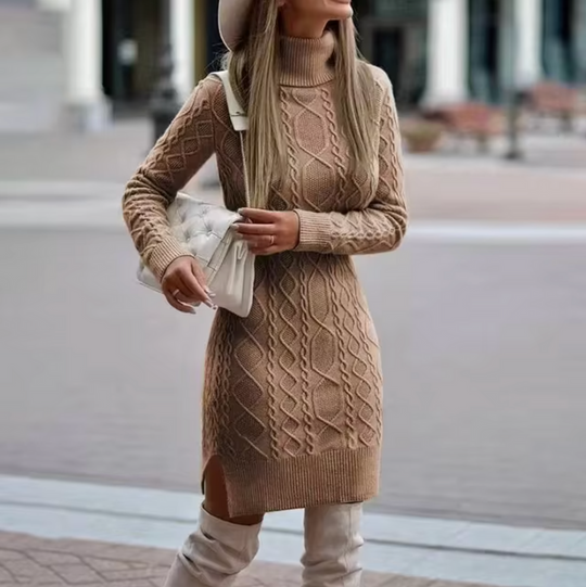 Dames Midi Jurk Gebreid Turtleneck met Kabelbreipatroon 1