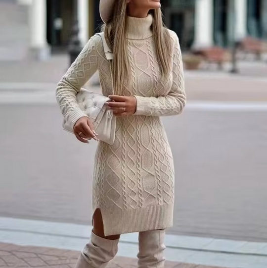 Dames Midi Jurk Gebreid Turtleneck met Kabelbreipatroon 2