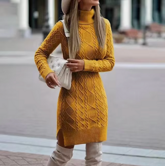 Dames Midi Jurk Gebreid Turtleneck met Kabelbreipatroon 3