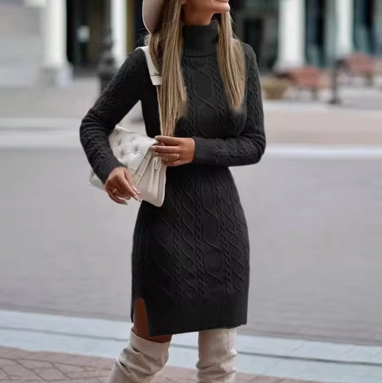Dames Midi Jurk Gebreid Turtleneck met Kabelbreipatroon 4