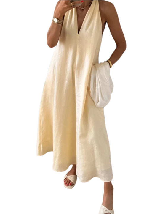 Dames Midi Jurk Halter V-Hals Linnen voor Zomer Jurkjes 0