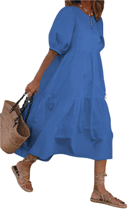 Dames Midi Jurk Met Ronde Hals En Pofmouwen Van Linnenmix 0