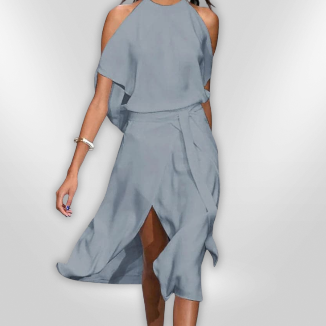 Dames Midi Jurk Open Schouders Asymmetrische Zoom Lichtgewicht Stof 0