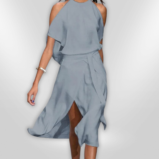 Dames Midi Jurk Open Schouders Asymmetrische Zoom Lichtgewicht Stof 0