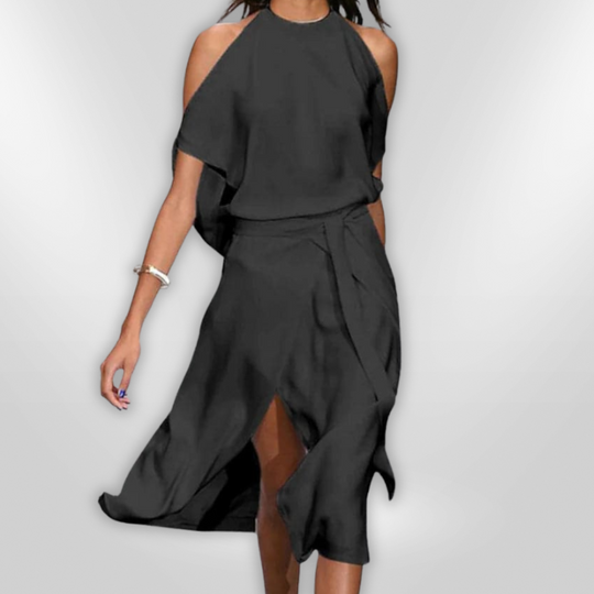 Dames Midi Jurk Open Schouders Asymmetrische Zoom Lichtgewicht Stof 2