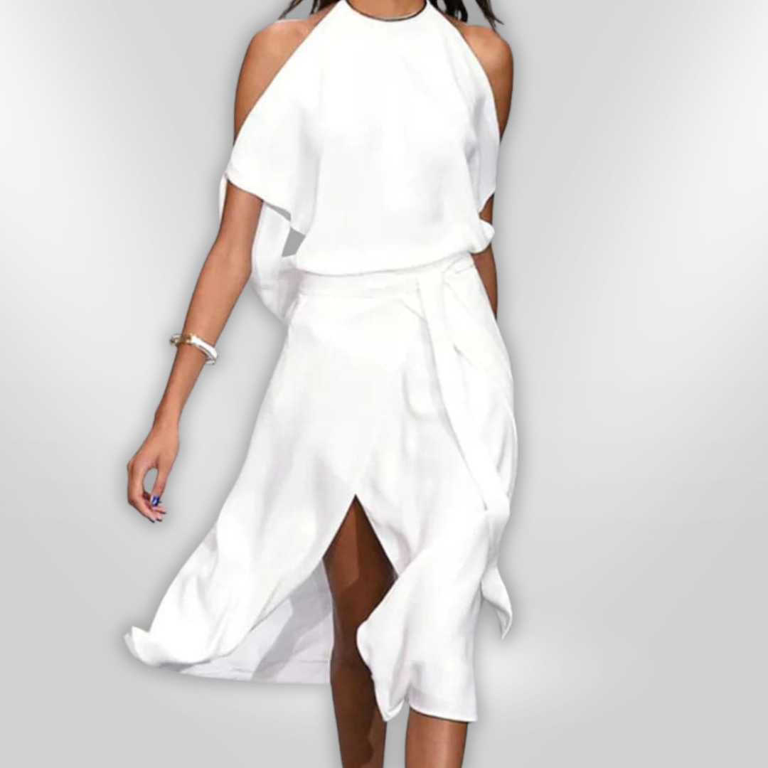 Dames Midi Jurk Open Schouders Asymmetrische Zoom Lichtgewicht Stof 3