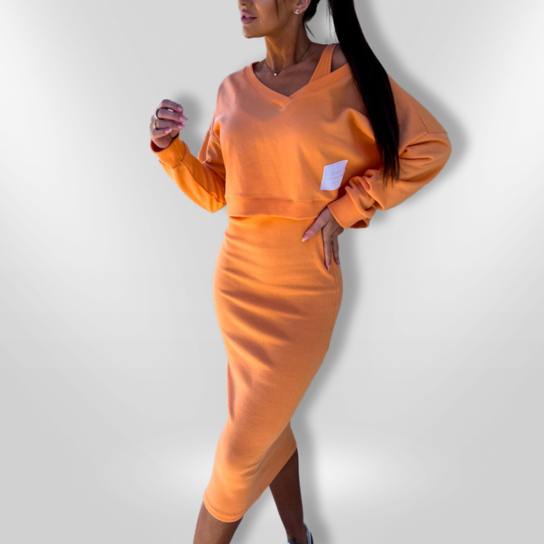 Dames Midi Jurk en Korte Sweatshirt Set Aansluitend Rekbare Stof 0
