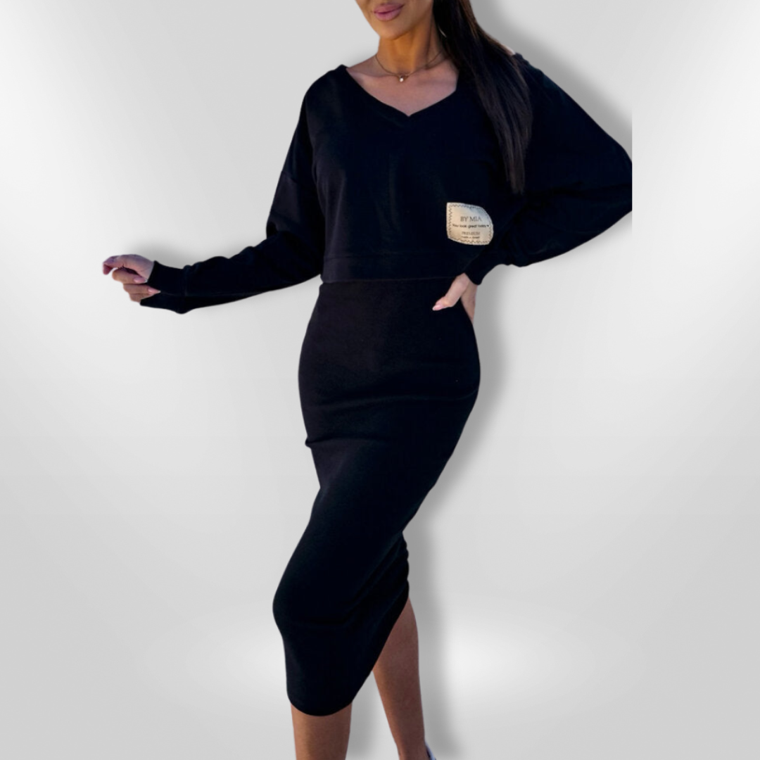 Dames Midi Jurk en Korte Sweatshirt Set Aansluitend Rekbare Stof 1
