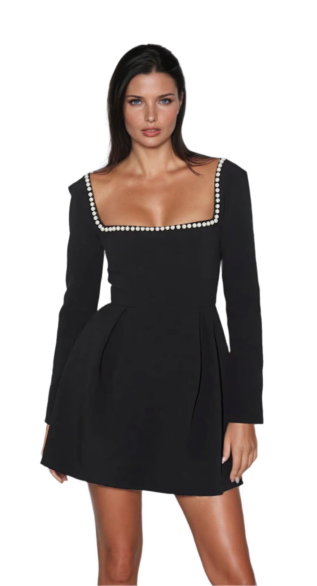 Dames Mini Jurk met Pareldetails en Lange Mouwen Luxe Hoogwaardige Stof 0
