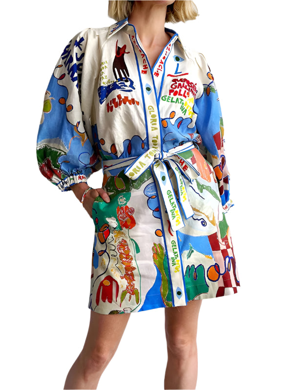 Dames Mini Shirt Jurk Graffiti Print met Vetersluiting 0