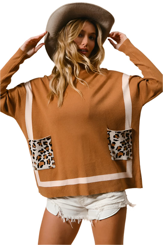 Dames Mock Neck Trui met Luipaardprint Zak 0