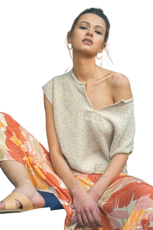 Dames Mouwloze Trui Met Patroon Oatmeal 0