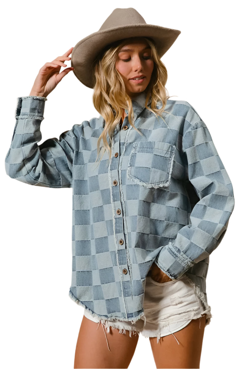 Dames Oversized Denim Blouse met Gerafelde Randen 0