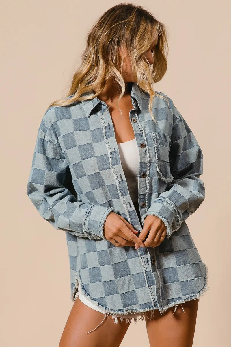 Dames Oversized Denim Blouse met Gerafelde Randen 8