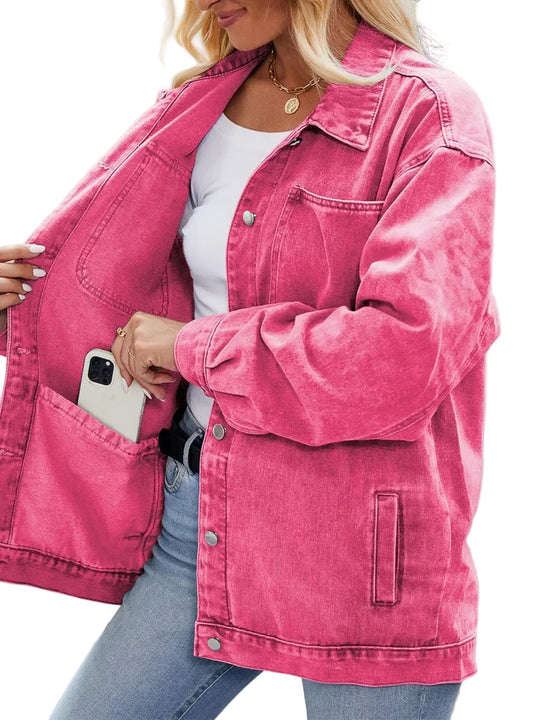 Dames Oversized Denimjack Casual Met Borstzakken 0