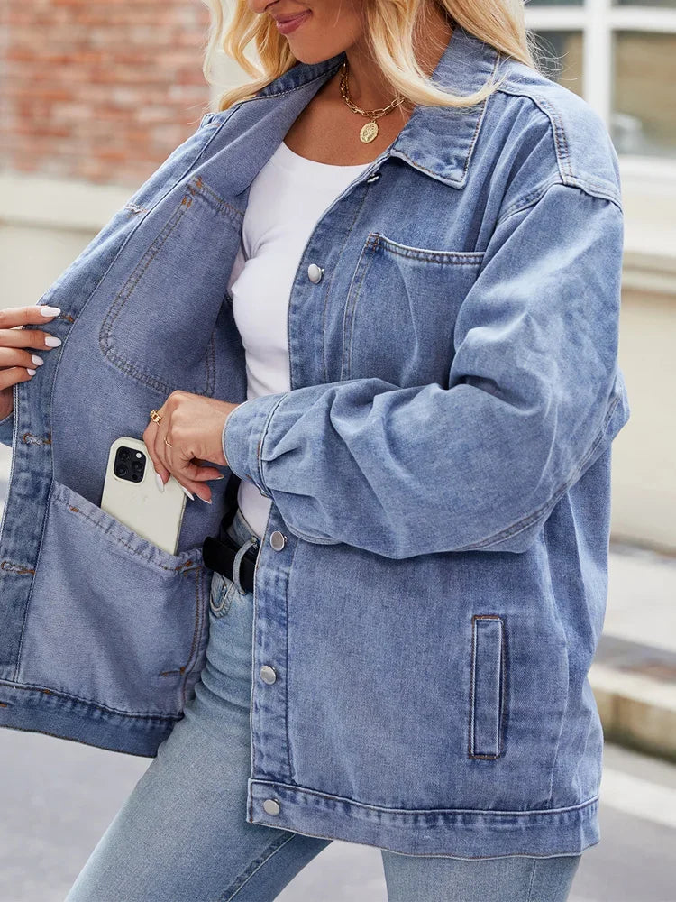 Dames Oversized Denimjack Casual Met Borstzakken 4