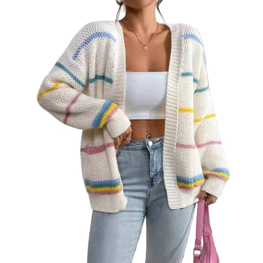Dames Oversized Gebreide Cardigan met Gestreepte Open Voorzijde 0