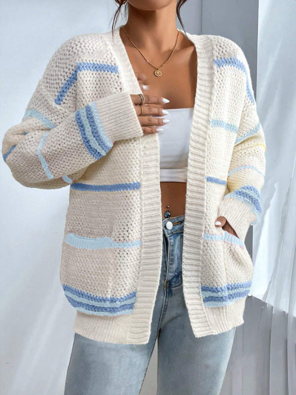 Dames Oversized Gebreide Cardigan met Gestreepte Open Voorzijde 2