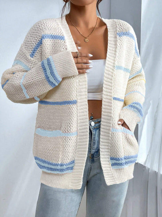 Dames Oversized Gebreide Cardigan met Gestreepte Open Voorzijde 2