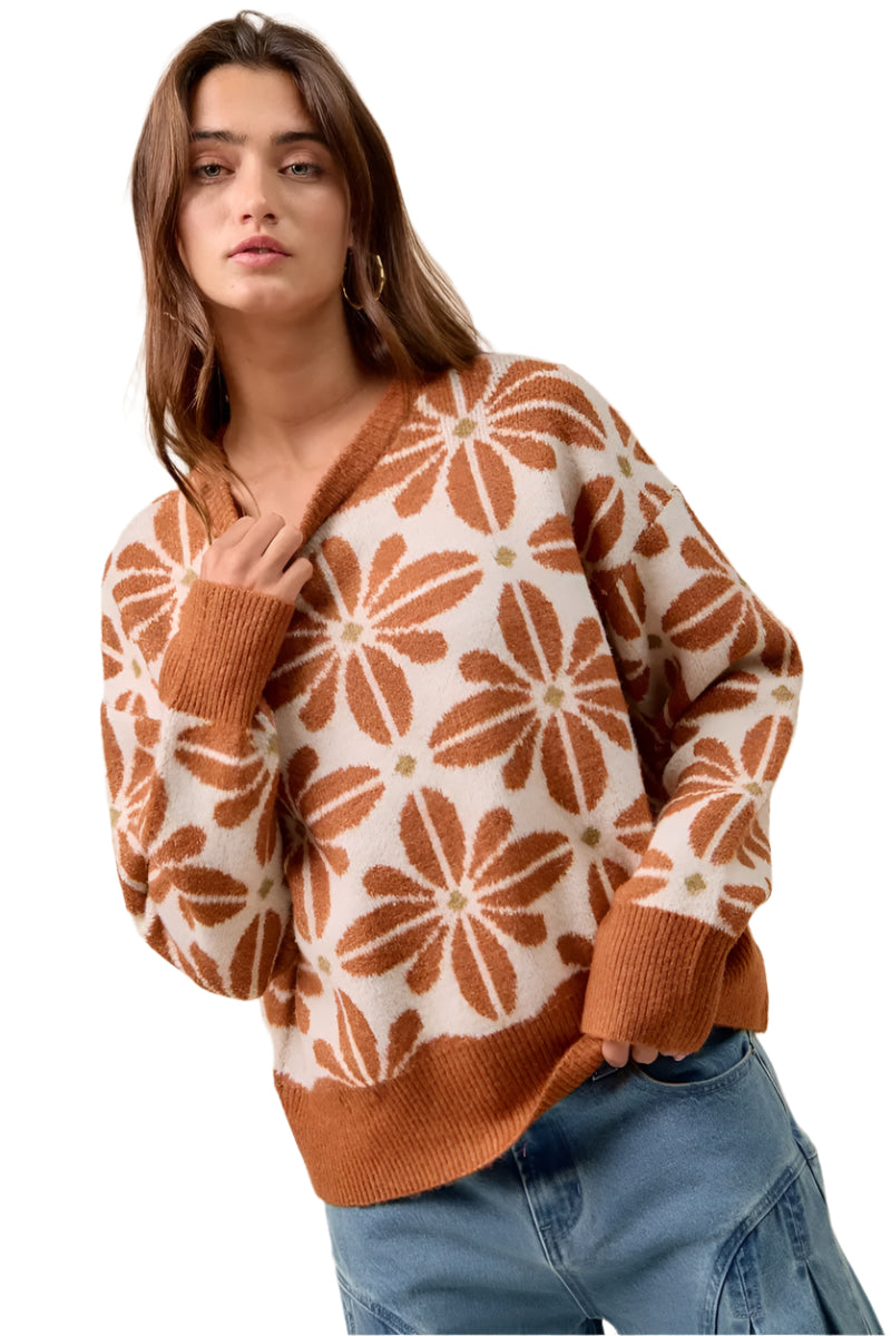 Dames Pullover Sweater Met Bloemenpatroon Lange Mouwen 0