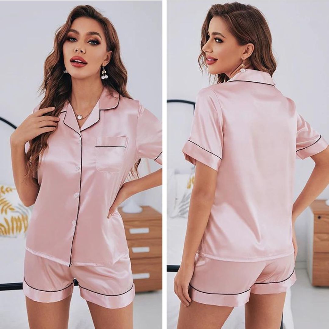 Dames Pyjama Set Satijnen Casual Met Kraag En Elastische Tailleband 2